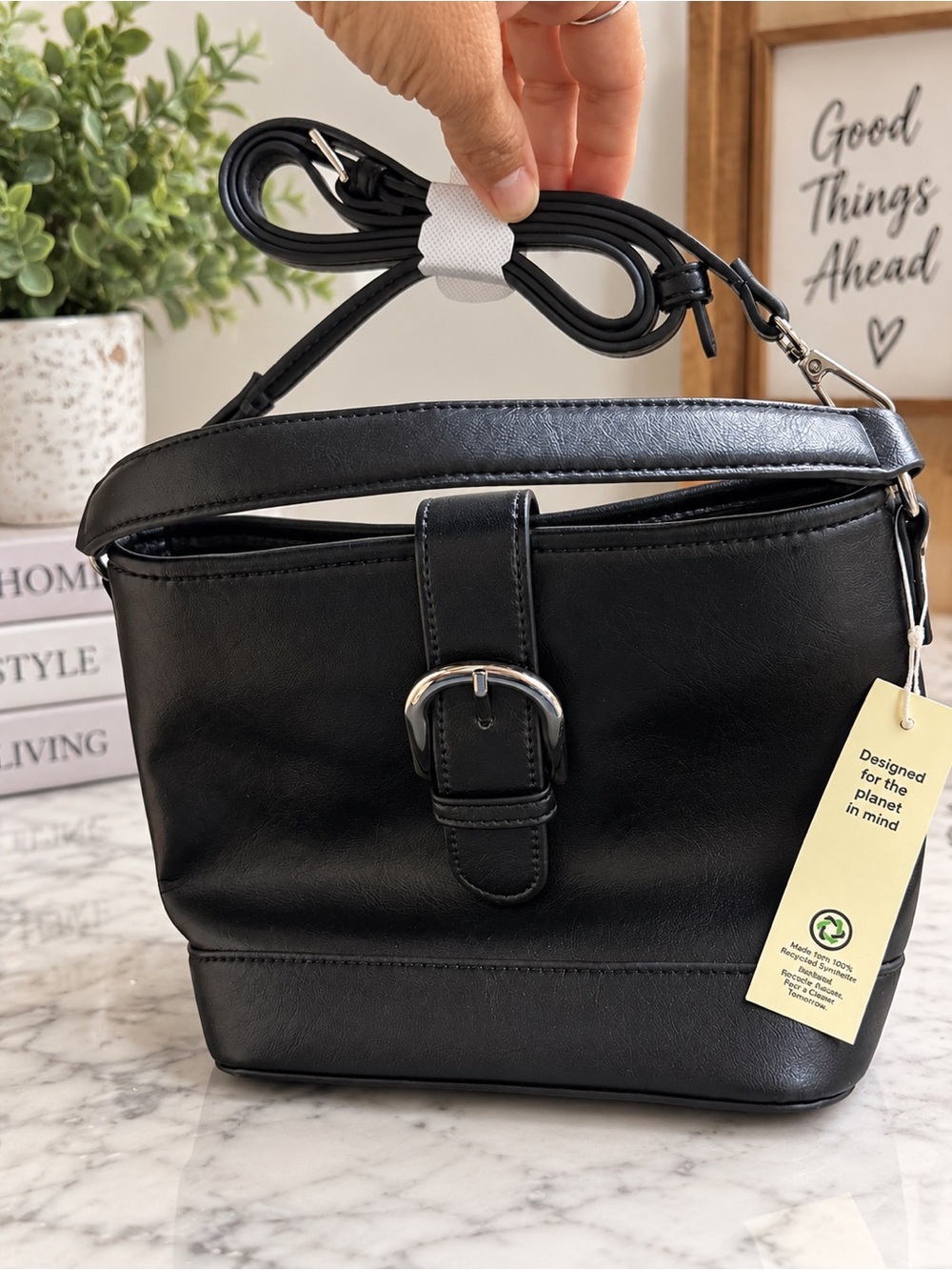 No Boundaries Black Bucket Shoulder Bag with Buckle Accent